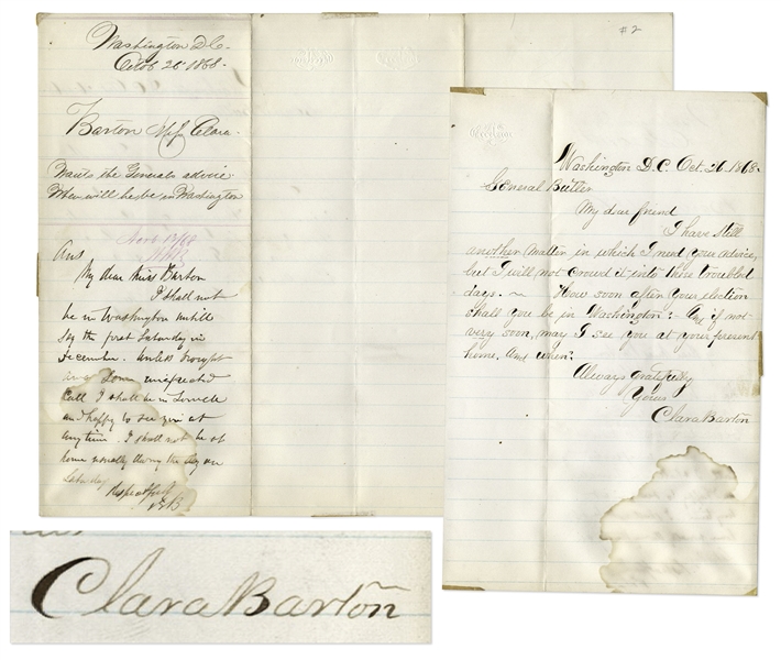Clara Barton Autograph Letter Signed to General Benjamin Butler, With Autograph Note Signed by Butler